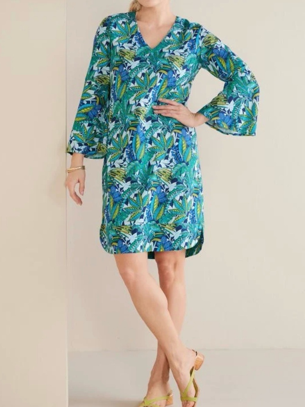 Soft Surroundings Soleil Linen Green & Blue Jungle Print Shift Dress Size 2X